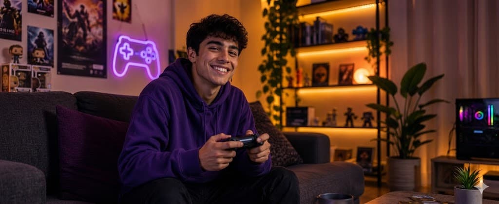 Jovem vendedor sorrindo enquanto joga videogame