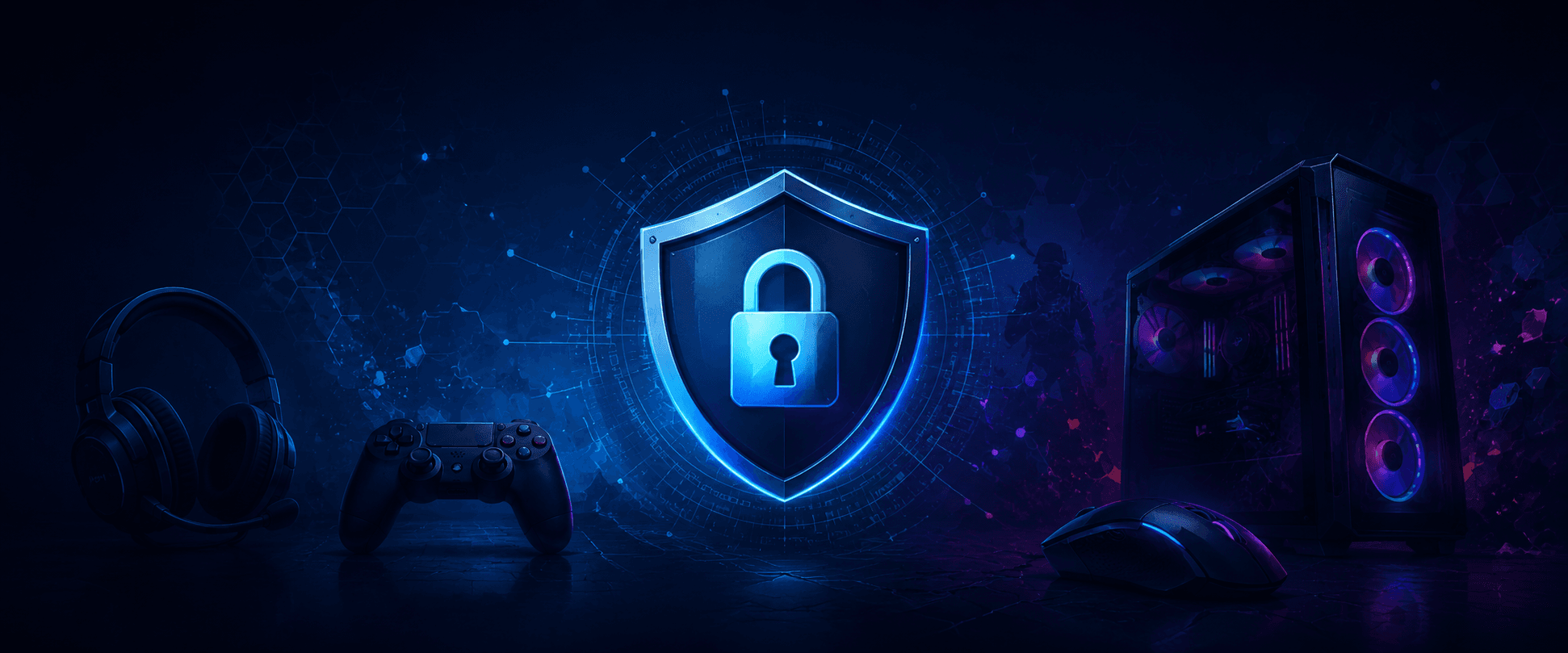 Ilustração de segurança com cadeado e periféricos gamer